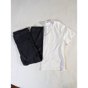 Set Of 2 ATHLETA Women's Black Ultimate Stash Capri White Essential V Neck Tee M